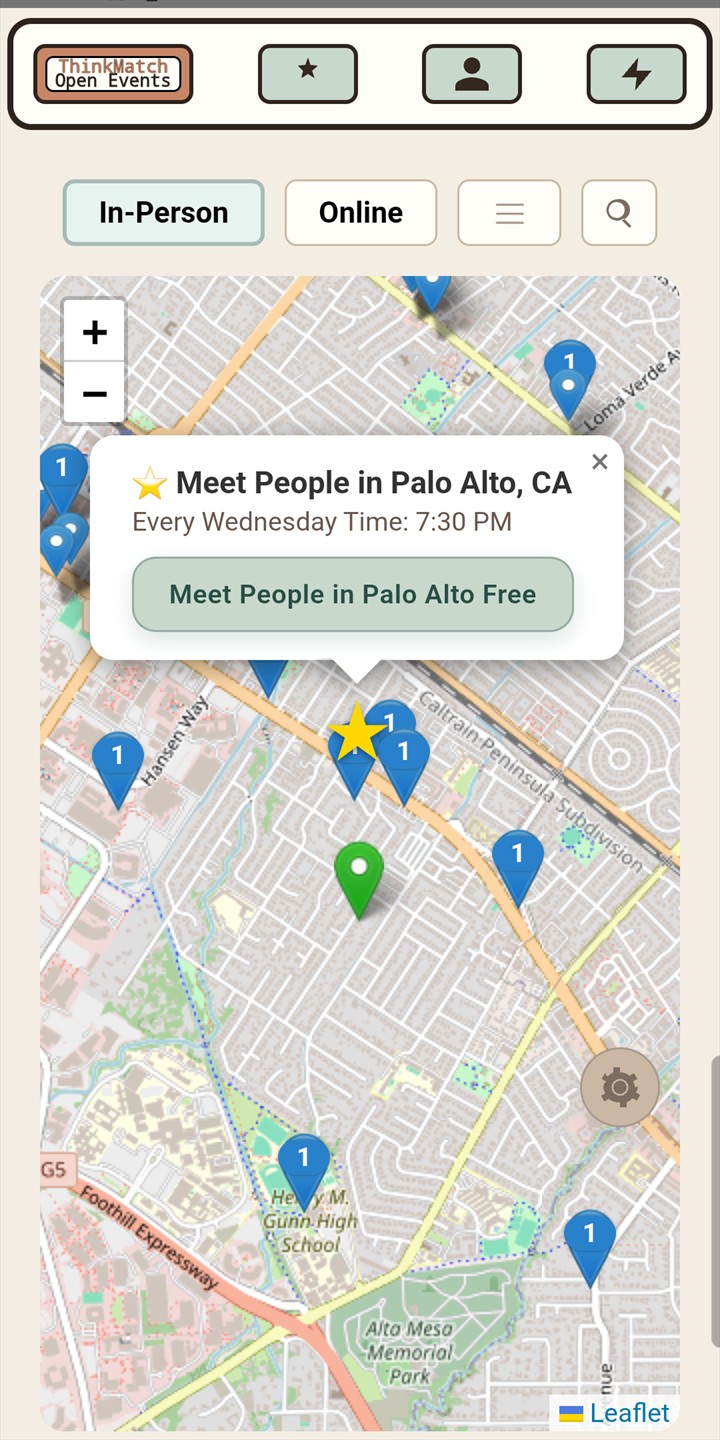 ThinkMatch map showing a Meet People event in Palo Alto