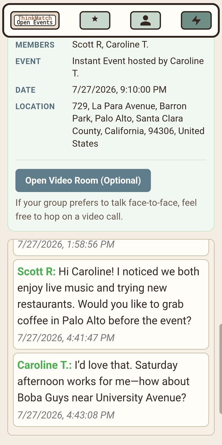 Private ThinkMatch chat between Scott and Caroline with optional video chat