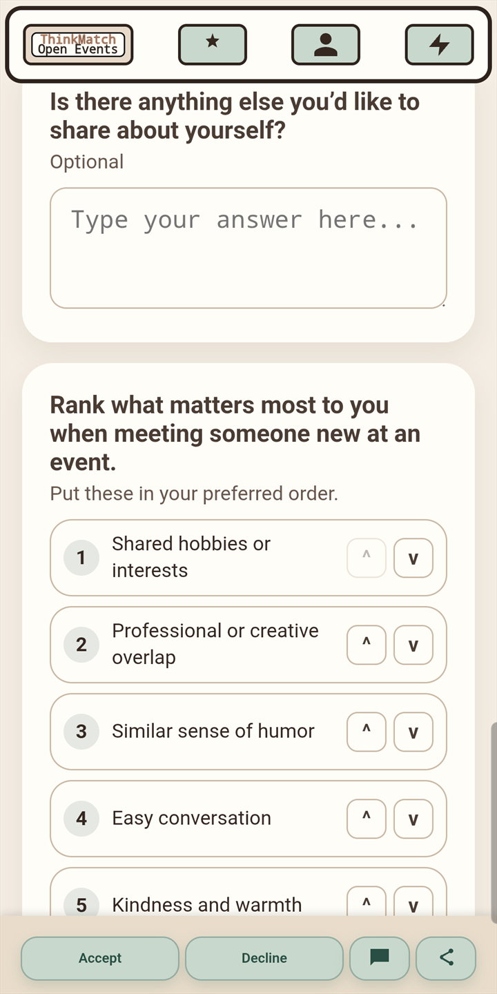 ThinkMatch guest questionnaire with optional and ranked questions