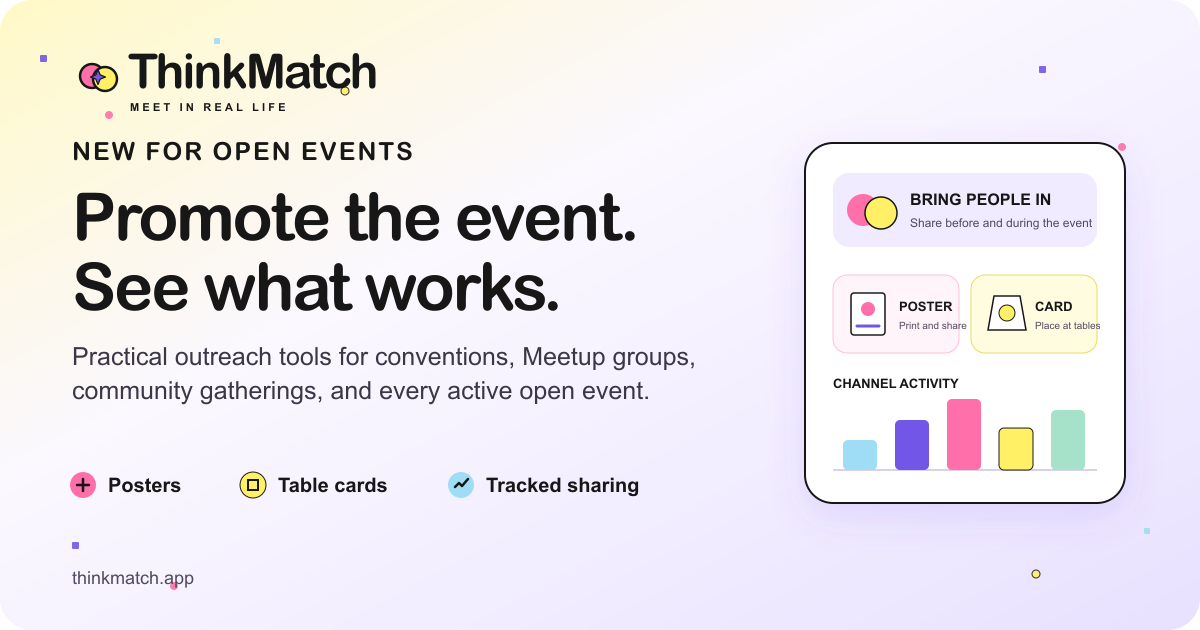 Annonce de la promotion de l'événement ThinkMatch montrant des affiches, des cartes de table, le partage suivi et l'activité des chaînes pour les événements ouverts.