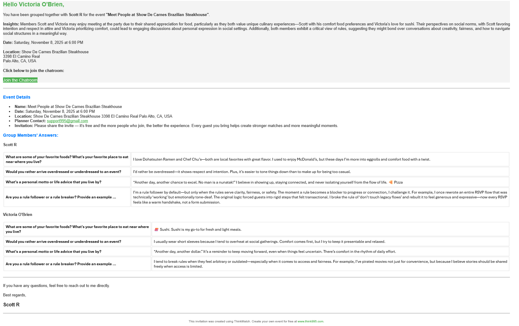 Email showing your ThinkMatch match, chat link, and suggested conversation topics